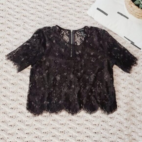 Forever 21 Short Sleeved Lace Scalloped Top- Black- Size S - Nwot - Picture 1 of 14